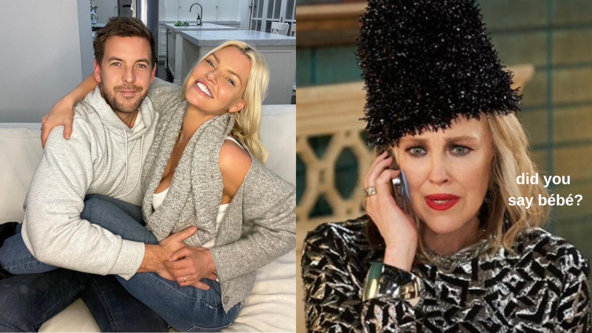 Photo of Joshua Gross and Sophie Monk cuddling on the couch and a photo of Moira Rose from Schitt's Creek with the caption "did you say bébé?"
