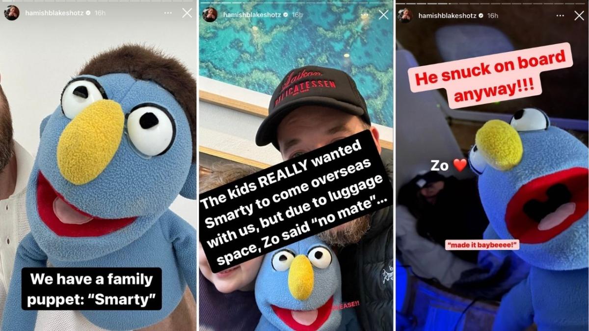 Hamish Blake's Instagram stories smuggling Smarty the puppet under Zoe Foster Blake's nose.