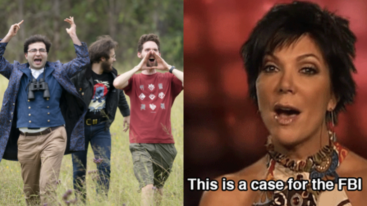 geeks from beauty and the geek walking in field and Kris Jenner saying 'this is a case for the FBI'