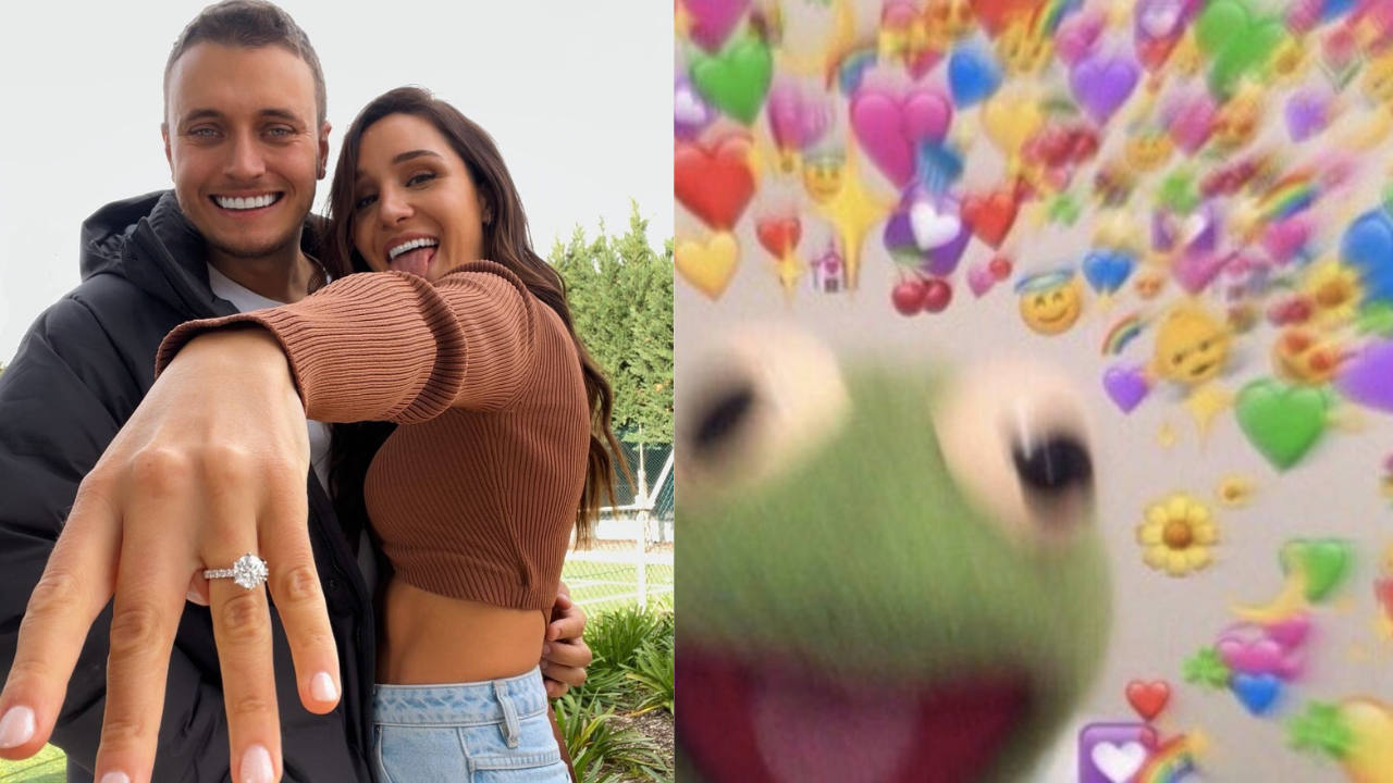 Kayla Itsines and her fiancé Jae Woodroffe & Meme of Kermit the Frog with love heart and angel emojis around him