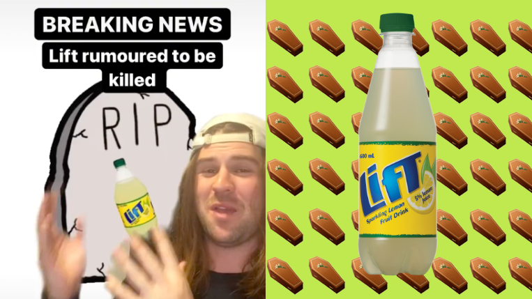 Screenshot of TikTok from Rusty Eats captioned BREAKING NEWS Lift rumoured to be killed & bottle of Lift against green background with coffin emojis