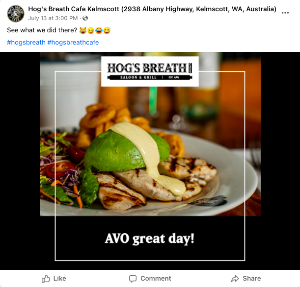 Facebook post from Hog's Breath Cafe Kelmscott of an avocado on steak