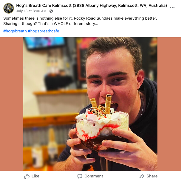 Facebook post from Hog's Breath Cafe Kelmscott of a boy holding a Rocky Road sundae to his face