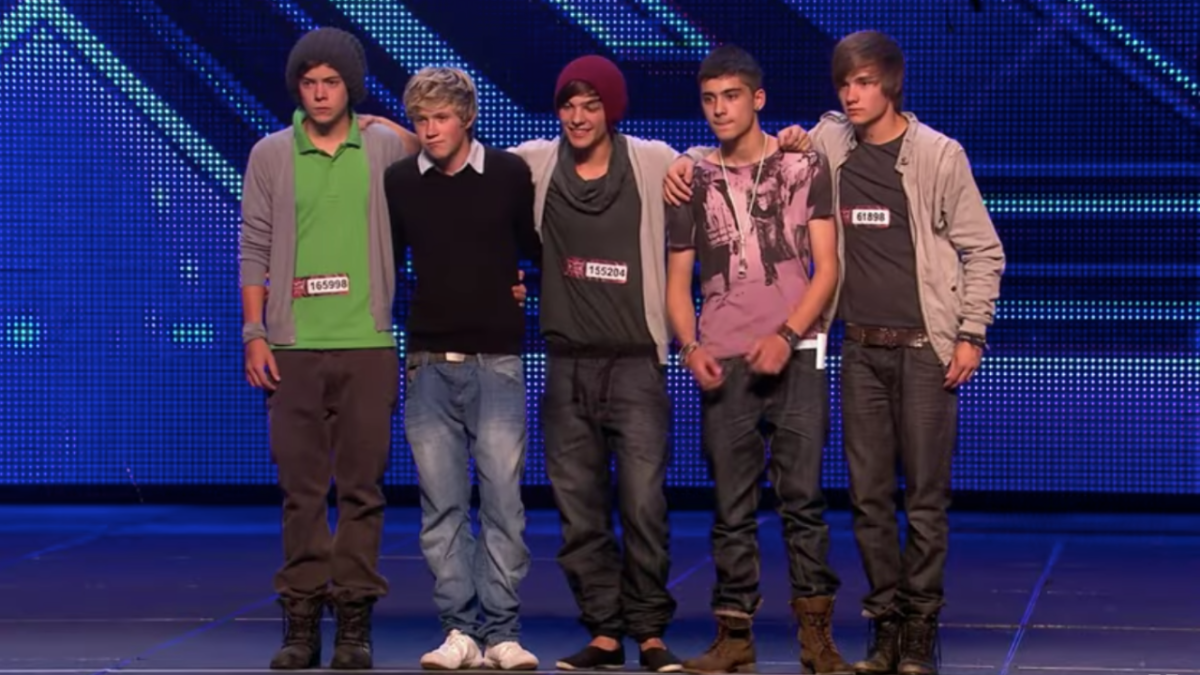 Boy band One Direction during the X-Factor selection process onstage