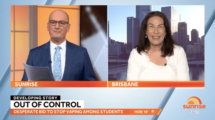 Screenshot from Sunrise episode of David Koch talking to Tracy Tully about bringing Army veterans into schools to stop children vaping