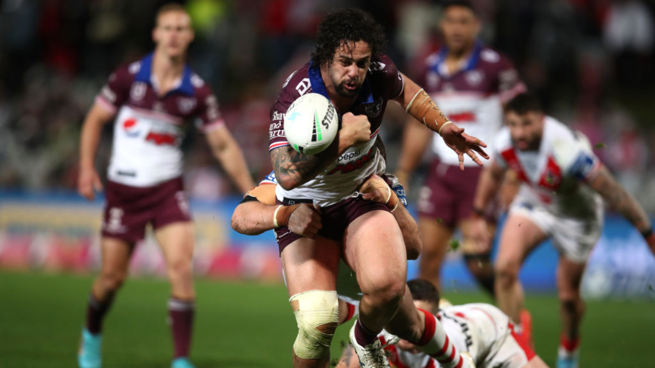 Josh Aloiai of the Sea Eagles drops the ball during the round 19 NRL match against St George Illawarra Dragons