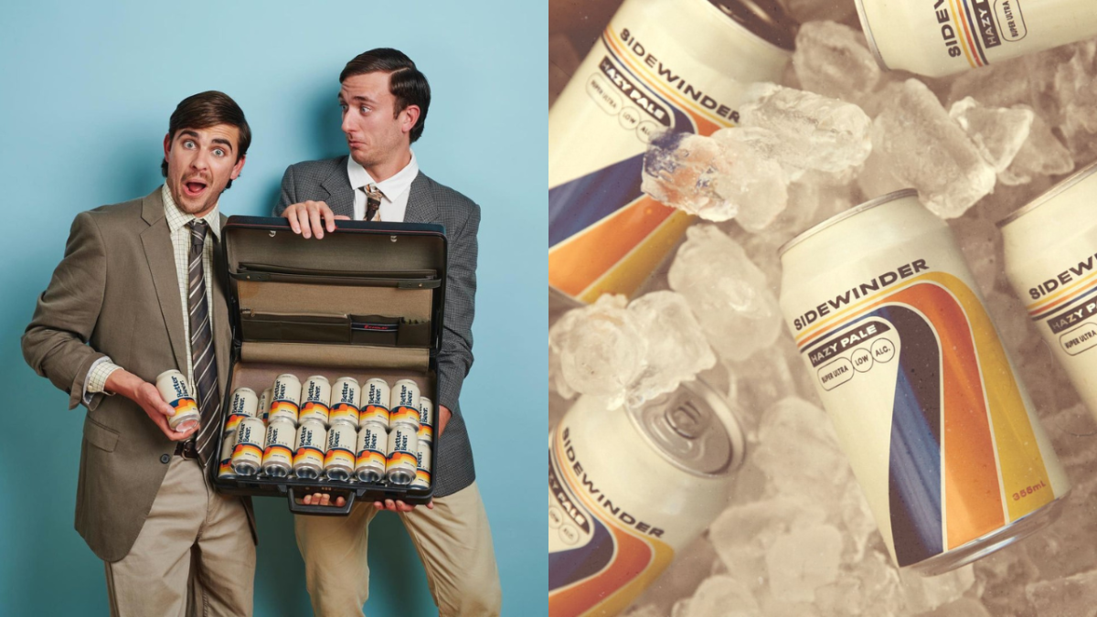 Photo of the Inspired Unemployed holding a briefcase full of Better Beer and a can of Sidewinder Hazy Pale