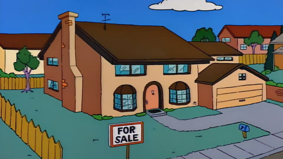 Homer and Marge Simpson's house on The Simpsons with a 'For Sale' sign out the front