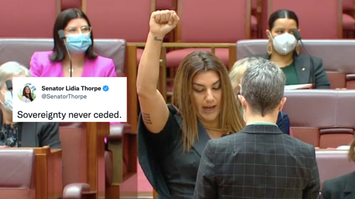Greens Senator Lidia Thorpe reciting oath of allegiance in Parliament