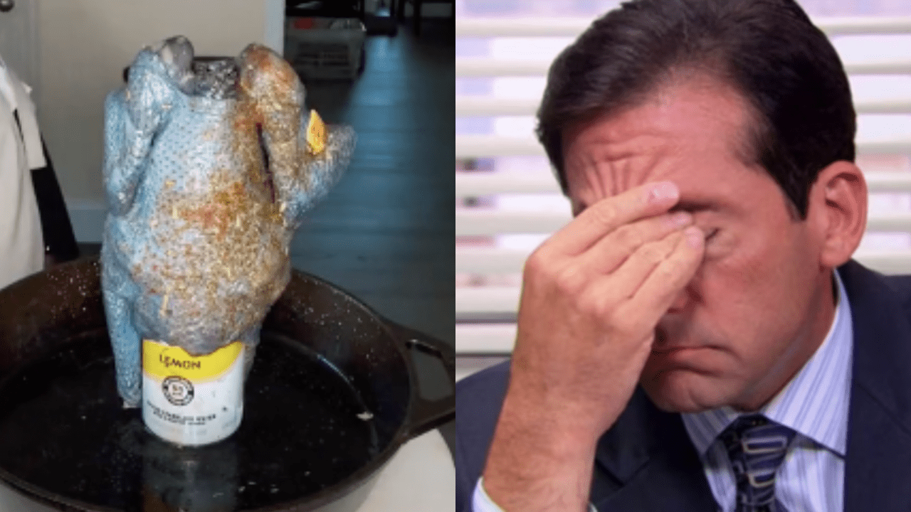 Chicken sitting on a can of White Claw and Michael Scott from The Office with his head in his hands