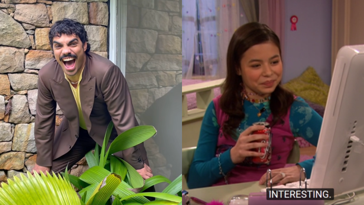 Tony Armstrong in a suit smiling and meme of Miranda Cosgrove smiling at a computer saying "Interesting" in Drake & Josh