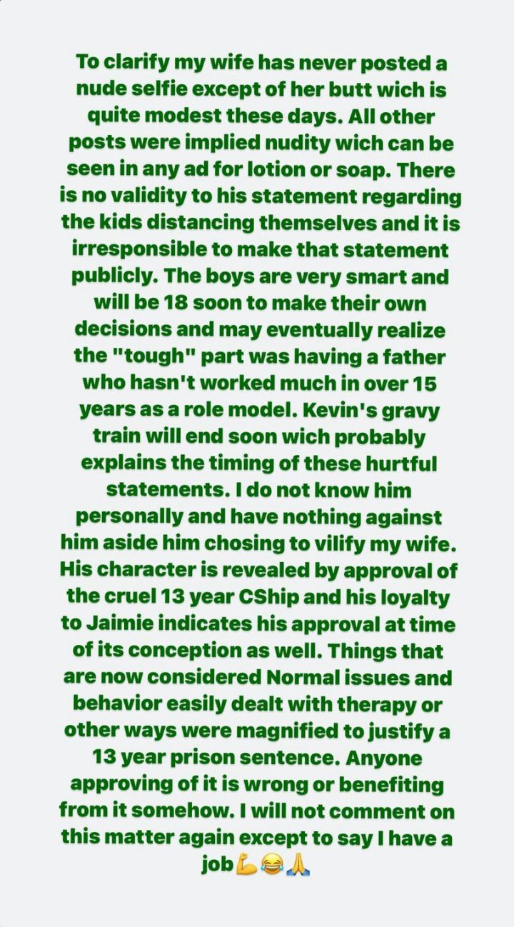Sam Asghari's Instagram statement about Kevin Federline's tell-all interview.