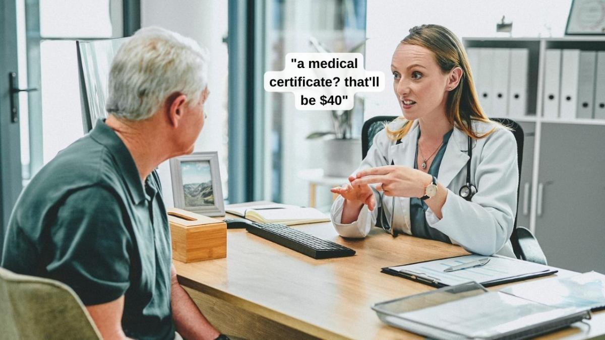 GP Bulk-billing: Here's why GPs are no longer bulk-billing. image is a meme of a doctor telling a patient that a medical certificate will cost $40