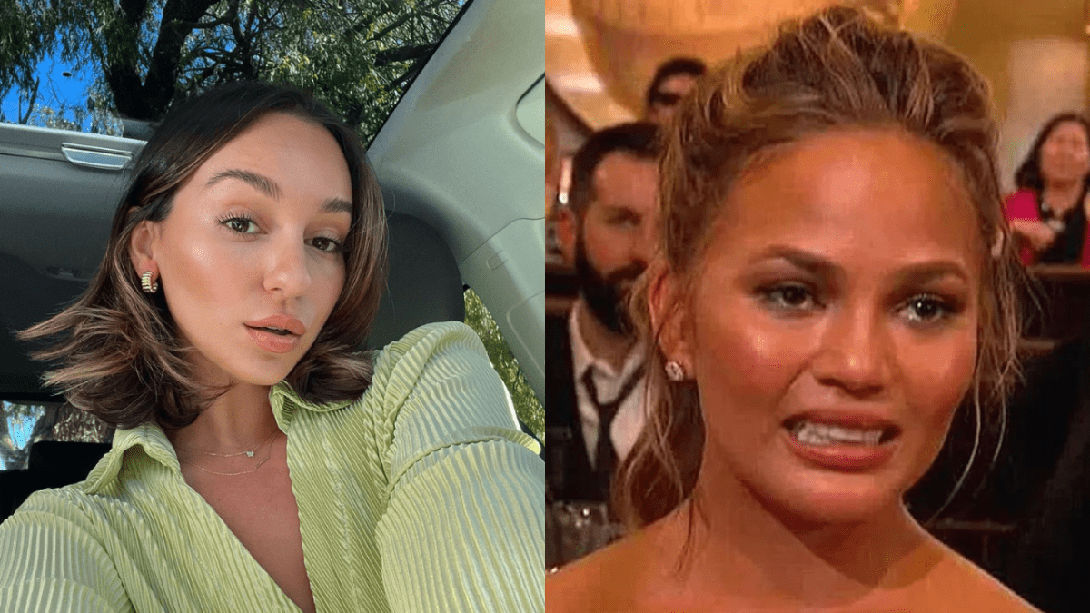 Australian influencer Bella Varelis in a green top and Chrissy Teigen pulling pained face