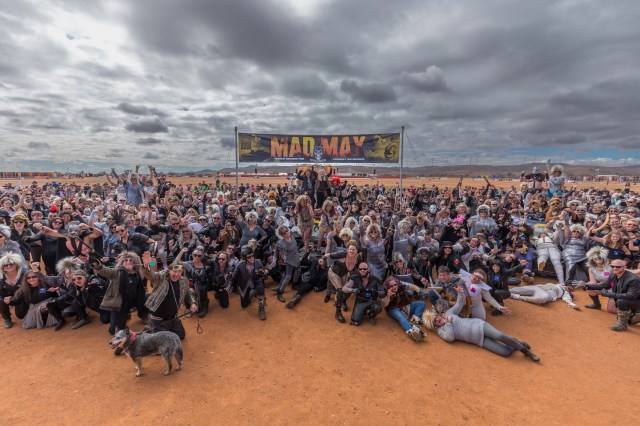 Thousands of festivalgoers dressed in Mad Max costumes at the Mundi Mundi Bash