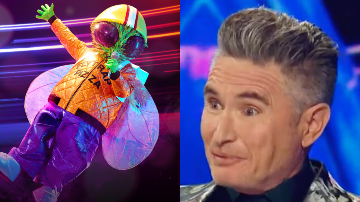 Blowfly Shannon Noll on the Masked Singer Australia season 4 and Dave Hughes looking shocked.