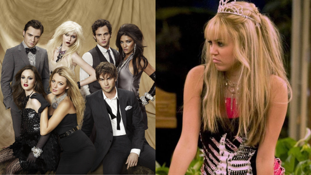 Cast of original Gossip Girl posting and Miley Cyrus as Hannah Montana wearing a tiara