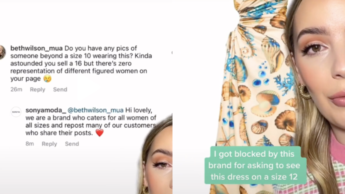 Screenshots from TikTok user bethwilson_mua showing exchange with fashion brand Sonya Moda
