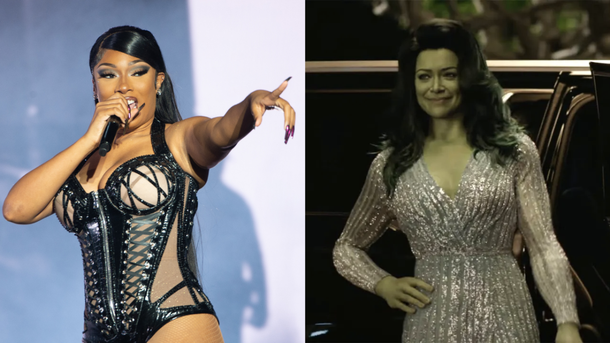 Rapper Megan Thee Stallion performing at Reading Festival in 2022 & She-Hulk in She-Hulk: Attorney At Law wearing a silver dress.