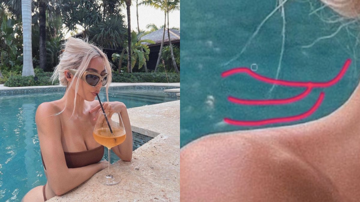 Kim Kardashian in the pool drinking orange wine in big sunglasses and closeup of Photoshop fail in picture