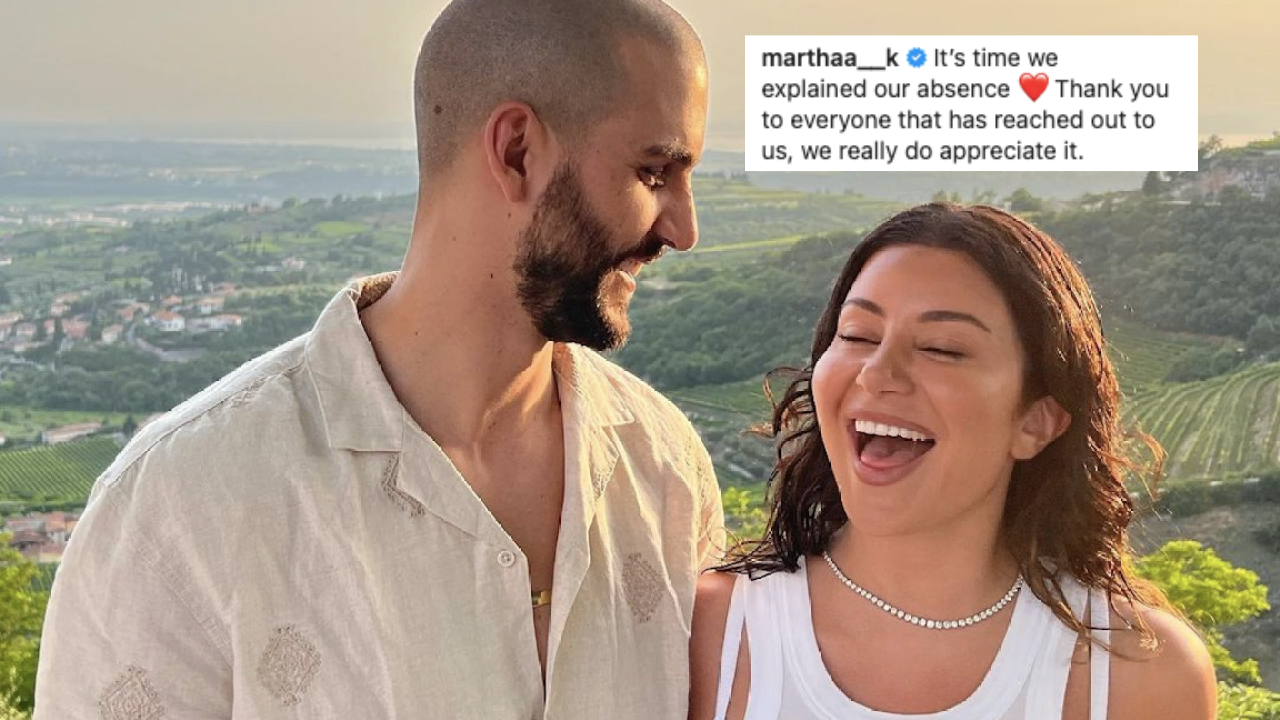 Michael Brunelli and Martha Kalifatidis on holiday with screenshot from couple's pregnancy announcement on Instagram