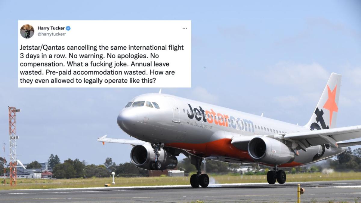 Jetstar flight cancellations leave customers stranded. Image is of a flight with a tweet overlay.