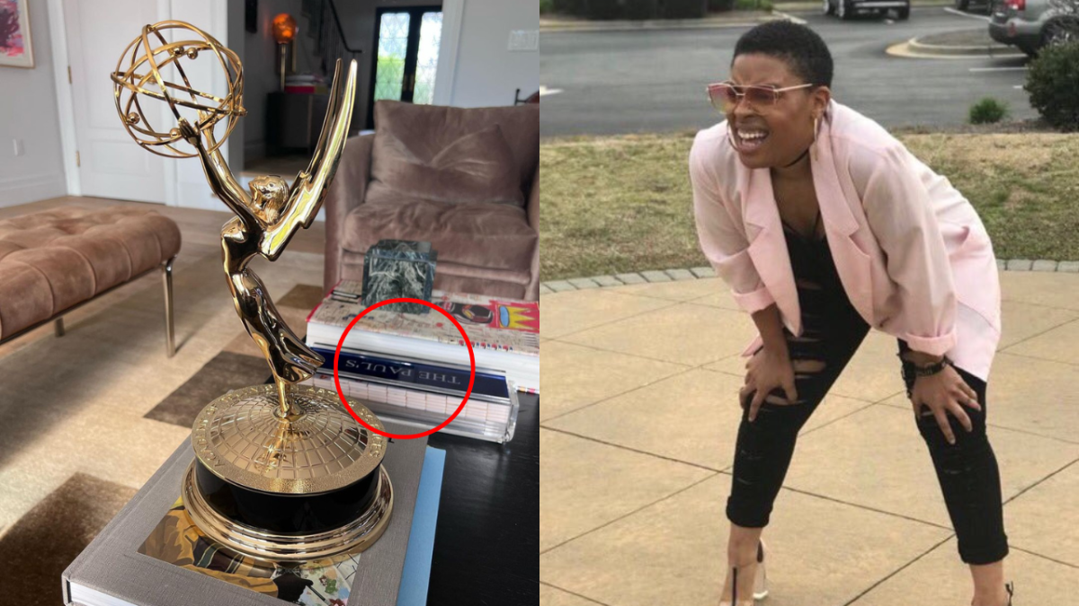 Emmy on a coffee table in Adele's house posted by singer on Instagram and meme of woman squatting and squinting
