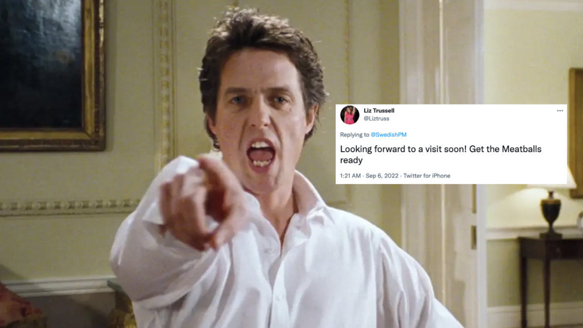 Hugh Grant dancing in Love Actually pointing at the camera and Tweet from Twitter user Liz Trussell that reads: "Looking forward to a visit soon! Get the Meatballs ready"