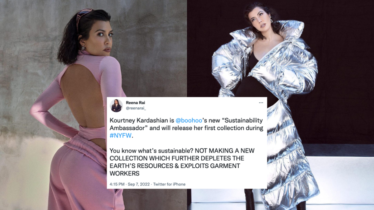 Kourtney Kardashian Barker posing for Boohoo ad and a Tweet overlaid criticising her collaboration with fast-fashion brand Boohoo.
