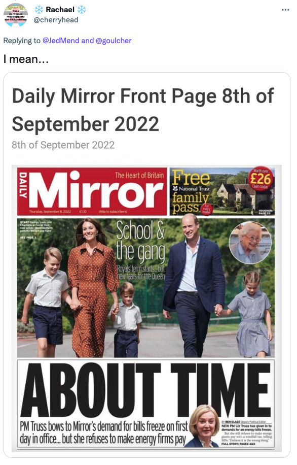 Tweet about an awkward headline the Daily Mirror posted before Queen Elizabeth's death.