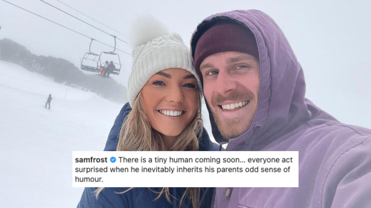 Sam Frost and Jordie Hensen in beanies and jackets snowing with Frost's pregnancy announcement screenshotted