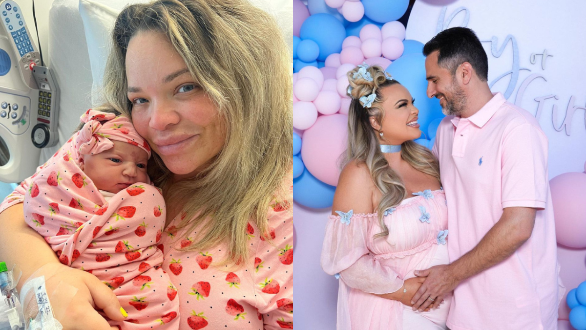 Trisha Paytas holding daughter Malibu Barbie after giving birth & Paytas and husband Moses Hacmon at baby shower