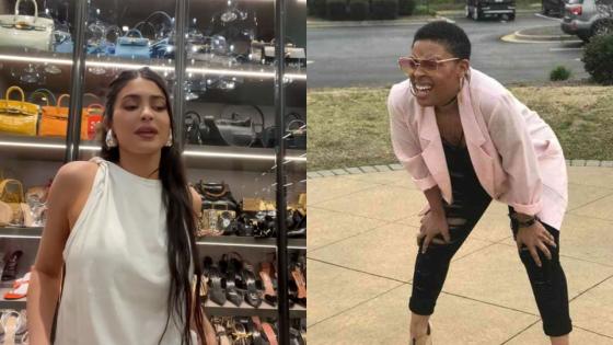 Kylie Jenner's huge closet or wardrobe next to the squinting woman meme