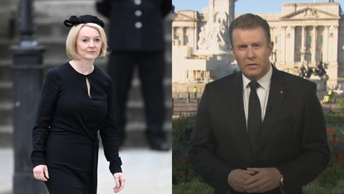 UK Prime Minister Liz Truss walking into Westminster Abbey for Queen's funeral and Nine News' Peter Overton during live broadcast
