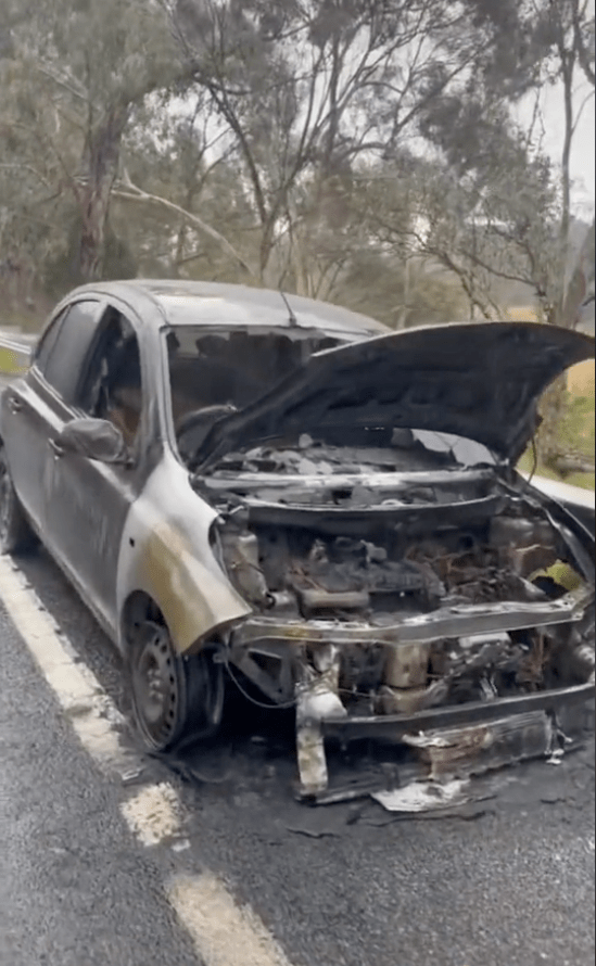 A victorian woman's car exploded. This is an image of the Nissan Micra charred and wrecked.