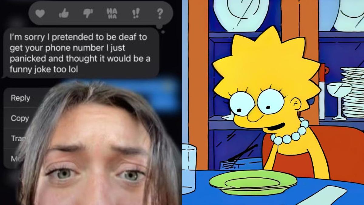 Tabitha Swatosh recalls a man pretending to be deaf so he could get her number to text her. image is a screenshot of the TikTok next to shocked Lisa Simpson meme.