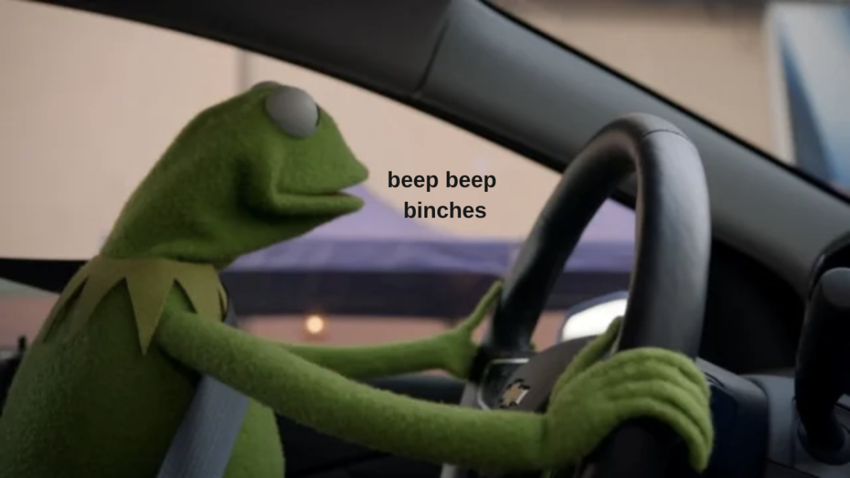 Kermit the frog driving saying "beep beep binches"