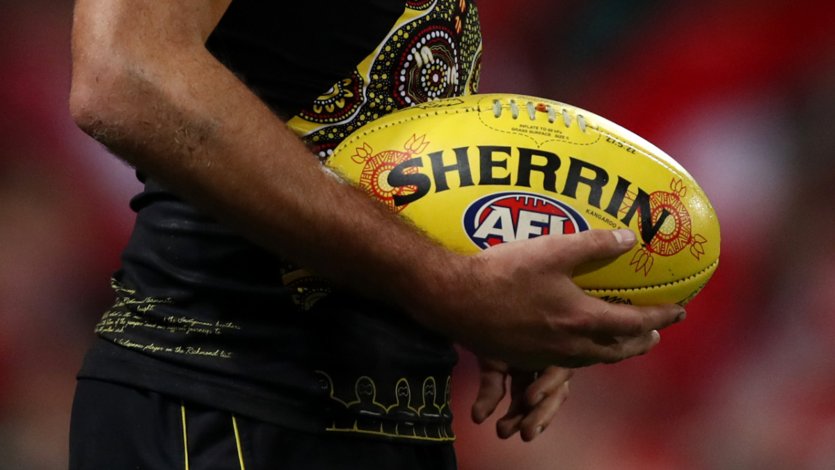 Detail of the Sherrin match ball during the round 11 AFL match between the Sydney Swans and the Richmond Tigers at Sydney Cricket Ground on May 27, 2022 in Sydney, Australia