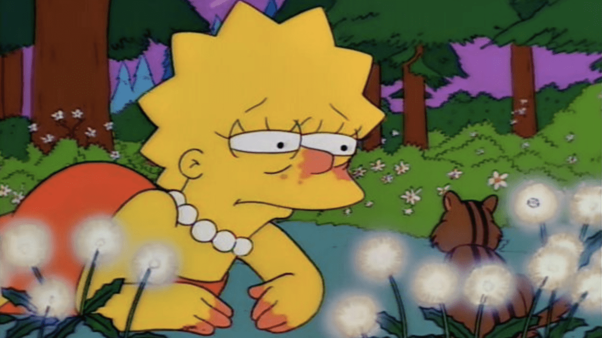 Lisa Simpson with a red nose sneezing in a forest