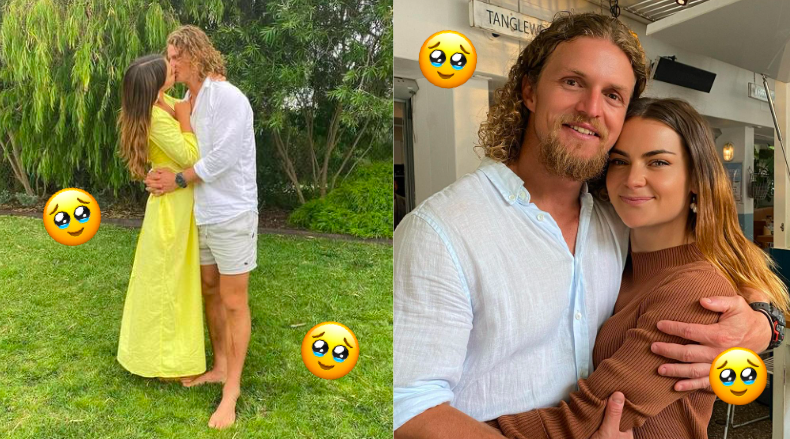 Nick “Honey Badger” Cummins and his partner Alexandra George standing in a garden kissing and hugging with happy crying emojis scattered around