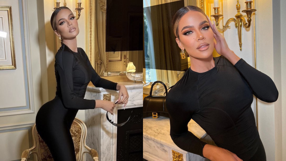 Khloe Kardashian posing in hotel in France in black bodysuit