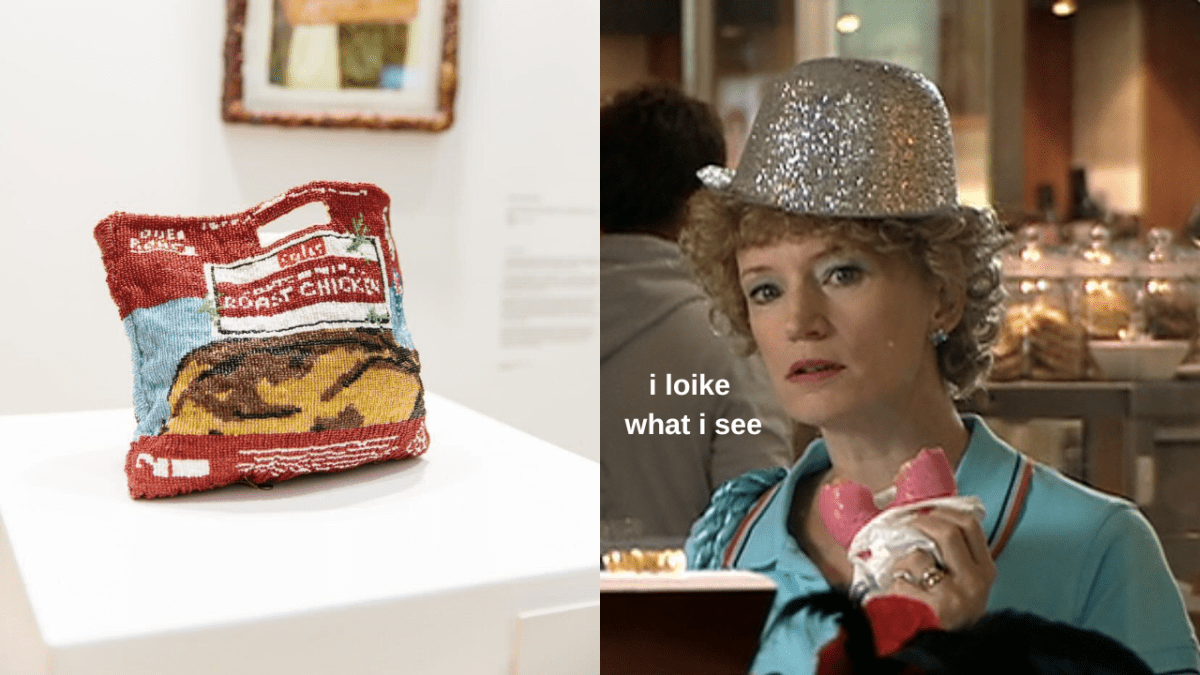 Artwork of a beaded bag that resembles a Coles roast chicken by Perth artist Emma Buswell and Kath Day-Knight in Kath & Kim eating a donut wearing a silver bowler hat saying "I loike what I see"