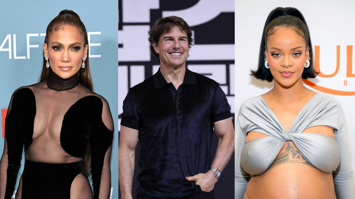 Jennifer Lopez in a black dress with mesh cutout, Tom Cruise wearing a black shirt and Rihanna in a silver halter dress