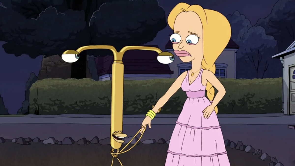 Scene from Big Mouth showing an animated IUD holding hand of blonde girl in pink dress