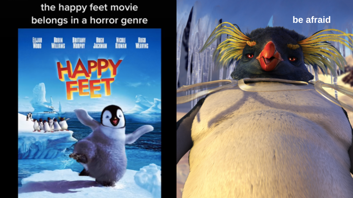 Happy Feet movie cover and Lovelace from Happy Feet movie saying "be afraid"