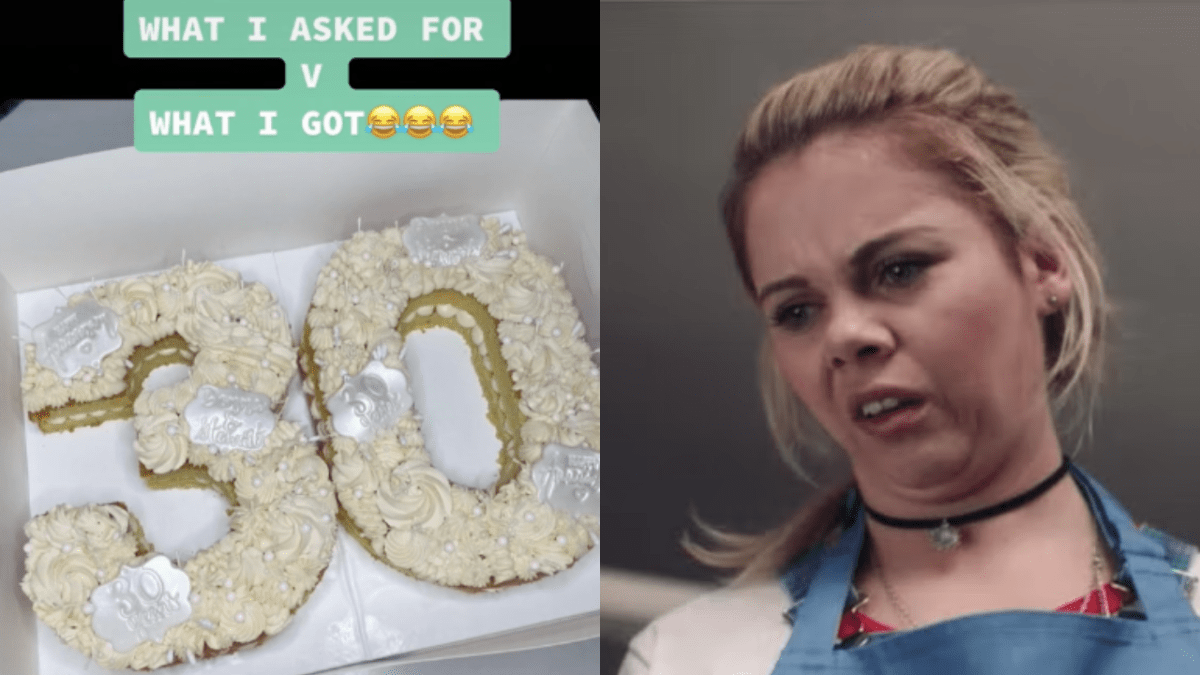 Beautifully decorated sponge cake in the shape of a three and a zero and Erin Quinn pulling a disgusted face on Derry Girls