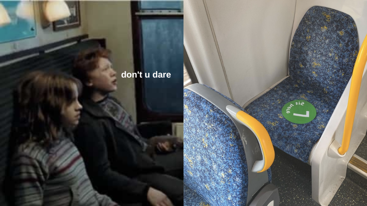 Ron Weasley and Hermione Granger sitting on Hogwarts Express in Harry Potter And The Prisoner Of Azkaban and a photo of small chair on Sydney train