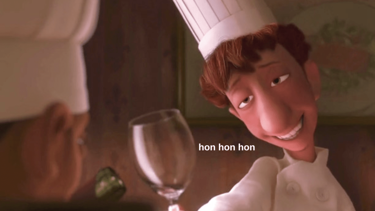 Linguine in Ratatouille drunk and drinking wine with Skinner saying "hon hon hon"