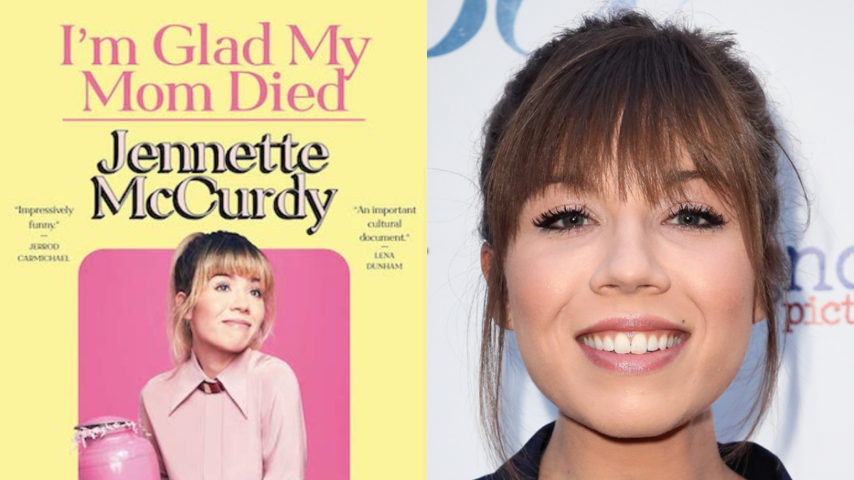 Jennette McCurdy spliced with the book cover of 'I'm Glad My Mom Died'
