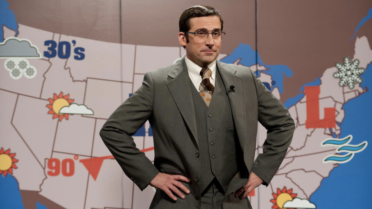 Brick Tamland in Anchorman standing in front of weather screen